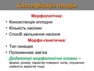 ККллаассииффііккааццііяя ппллооддіівв 
Морфологічна: 
• Консистенція оплодня 
• Кількість насінин 
• Спосіб звільнення насіння 
Морфо-генетична: 
• Тип гинецея 
• Положенная зав’язі 
Додаткові морфологічні ознаки – 
форма, розмір, характер поверхні, колір, опушення, 
наявність виростів тощо 
 