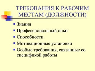 ТРЕБОВАНИЯ К РАБОЧИМ МЕСТАМ (ДОЛЖНОСТИ) Знания Профессиональный опыт Способности Мотивационные установки Особые требования, связанные со спецификой работы 
