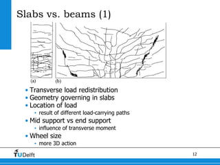 12
Slabs vs. beams (1)
• Transverse load redistribution
• Geometry governing in slabs
• Location of load
• result of different load-carrying paths
• Mid support vs end support
• influence of transverse moment
• Wheel size
• more 3D action
 