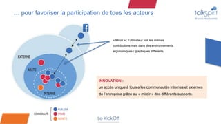 … pour favoriser la participation de tous les acteurs



                                              « Miroir » : l’utilisateur voit les mêmes
                                              contributions mais dans des environnements
                                              ergonomiques / graphiques différents.




                                     INNOVATION :
                                     un accès unique à toutes les communautés internes et externes
                                     de l’entreprise grâce au « miroir » des différents supports.




13
 