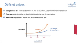 Défis et enjeux
    Compétition : des barrières d’entrées de plus en plus fines, un environnement international

    Repères : perte de confiance dans le discours de marque ; le client acteur

    Rapidité et proactivité : trouver des réponses en temps réel




5
 