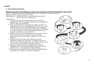 13
Apendiks
A. Theme-Related Activities
Pagsusunod-sunod ng mga hakbang ng wudhu ayon sa kwentong “A Boy Named Ibrahim” (Sarte, 2014)
Layunin: Maipakita ang tamang pagkakasunod-sunod ng gawain na narinig sa kuwento
Bilang ng kasali: Lahat ng mga bata sa klase
Mga kagamitan: Malalaking larawan ng mga hakbang ng wudhu
ayon sa kuwento; masking tape
Pamamaraan:
1. Tanungin ang mga bata kung naaalala nila ang tamang
pagkakasunod-sunod ng paglilinis ng katawan na ginagawa ni
Ibrahim bago siya manalangin.
2. Idikit ang mga larawan ng hakbang ng wudhu sa pisara o sa
dingding na hindi tama ang pagkakasunod-sunod. (Note: Ang
bawat hakbang ay may eksaktong pamamaraan ng paggawa
na hindi na idedetalye sa gawaing ito dahil ang layunin lamang
ay makita ng mga bata ang tamang pagkakasunod-sunod o
sequence ng wudhu ayon sa kuwento.)
3. Sabihin sa mga bata na tingnang ng mabuti ang mga larawan
dahil kanilang aayusin ang mga ito ayon sa tamang
pagkakasunod-sunod ng wudhu na ginagawa ni Ibrahim sa
kuwento.
4. Magtanong kung ano ang unang hakbang ng wudhu
pagkatapos magsabi ng “Bismillah,” at tawagin ang bata na
nais sumagot. Hayaang ilagay niya ang larawan bilang una sa
sequence at ipakita sa klase kung paano gawin ito.
5. Ipagpatuloy ang pagtatanong at pagtawag sa mga bata
hanggang mabuo ang tamang pagkakasunod-sunod ng mga
larawan muli sa una hanggang sa huling hakbang.
6. Maaaring ulitin ang gawain upang mabigyan ng pagkakataon
ang ibang bata sa klase na makasali sa pagsagot.
 