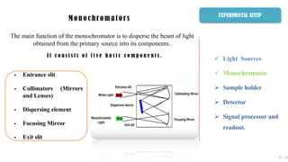 The main function of the monochromator is to disperse the beam of light
obtained from the primary source into its components..
 Entrance slit
 Collimators (Mirrors
and Lenses)
 Dispersing element
 Focusing Mirror
 Exit slit
11 11
M o n o c h ro m a t o r s
I t c o n s i s t s o f f i v e b a s i c c o m p o n e n t s .
 Light Sources
 Monochromator
 Sample holder
 Detector
 Signal processor and
readout.
EXPERIMENTAL SETUP
 