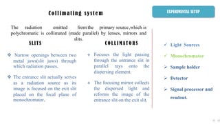 The radiation emitted from the primary source,which is
polychromatic is collimated (made parallel) by lenses, mirrors and
slits.
 Focuses the light passing
through the entrance slit in
parallel rays onto the
dispersing element.
 The focusing mirror collects
the dispersed light and
reforms the image of the
entrance slit on the exit slit.
12 12
C o l l i m a t i n g s y s t e m
C O L L I M AT O R SSLITS
 Narrow openings between two
metal jaws(slit jaws) through
which radiation passes.
 The entrance slit actually serves
as a radiation source as its
image is focused on the exit slit
placed on the focal plane of
monochromator.
 Light Sources
 Monochromator
 Sample holder
 Detector
 Signal processor and
readout.
EXPERIMENTAL SETUP
 