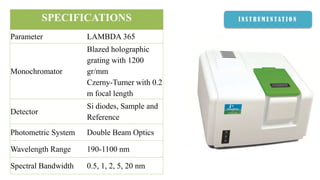 I N S T R U M E N T AT I O NSPECIFICATIONS
Parameter LAMBDA 365
Monochromator
Blazed holographic
grating with 1200
gr/mm
Czerny-Turner with 0.2
m focal length
Detector
Si diodes, Sample and
Reference
Photometric System Double Beam Optics
Wavelength Range 190-1100 nm
Spectral Bandwidth 0.5, 1, 2, 5, 20 nm
 