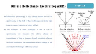 Diffuse Reflectance Spectroscopy(DRS) O V E R V I E W
 Reflectance spectroscopy is very closely related to UV/Vis
spectroscopy, in that both of these techniques use visible light
to excite valence electrons to empty orbitals.
 The difference in these techniques is that in UV/Vis
spectroscopy one measures the relative change of
transmittance of light as it passes through a solution, whereas
in diffuse reflectance, one measures the relative change in the
amount of reflected light off from a surface.
 