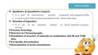 A P P L I C AT I O N S
 Qualitative & QuantitativeAnalysis:
 It is used for characterizing aromatic compounds and conjugated olefins.
 It can be used to find out molar concentration of the solute under study.
 Detection of impurities:
 It is one of the important method to detect impurities in organic
solvents.
Forensic Toxicology.
Detectors in Chromatography.
Elucidation of structure of molecules in combination with IR and NMR
data.
Fat Quality determination.
Determination of metal contaminants.
 