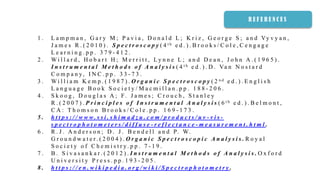 1 . L a m p m a n , G a r y M ; P a v i a , D o n a l d L ; K r i z , G e o r g e S ; a n d Vy v y a n ,
J a m e s R . ( 2 0 1 0 ) . S p e c t r o s c o p y ( 4 t h e d . ) . B r o o k s / C o l e , C e n g a g e
L e a r n i n g . p p . 3 7 9 - 4 1 2 .
2 . W i l l a r d , H o b a r t H ; M e r r i t t , L y n n e L ; a n d D e a n , J o h n A . ( 1 9 6 5 ) .
I n s t r u m e n t a l M e t h o d s o f A n a l y s i s ( 4 t h e d . ) . D . Va n N o s t a r d
C o m p a n y , I N C . p p . 3 3 - 7 3 .
3 . W i l l i a m K e m p . ( 1 9 8 7 ) . O r g a n i c S p e c t r o s c o p y ( 2 n d e d . ) . E n g l i s h
L a n g u a g e B o o k S o c i e t y / M a c m i l l a n . p p . 1 8 8 - 2 0 6 .
4 . S k o o g , D o u g l a s A ; F. J a m e s ; C r o u c h , S t a n l e y
R . ( 2 0 0 7 ) . P r i n c i p l e s o f I n s t r u m e n t a l A n a l y s i s ( 6 t h e d . ) . B e l m o n t ,
C A : T h o m s o n B r o o k s / C o l e . p p . 1 6 9 - 1 7 3 .
5 . h t t p s : / / w w w . s s i . s h i m a d z u . c o m / p r o d u c t s / u v - v i s -
s p e c t r o p h o t o m e t e r s / d i f f u s e - r e f l e c t a n c e - m e a s u r e m e n t . h t m l .
6 . R . J . A n d e r s o n ; D . J . B e n d e l l a n d P. W.
G r o u n d w a t e r . ( 2 0 0 4 ) . O r g a n i c S p e c t r o s c o p i c A n a l y s i s . R o y a l
S o c i e t y o f C h e m i s t r y . p p . 7 - 1 9 .
7 . B . S i v a s a n k a r . ( 2 0 1 2 ) . I n s t r u m e n t a l M e t h o d s o f A n a l y s i s . O x f o r d
U n i v e r s i t y P r e s s . p p . 1 9 3 - 2 0 5 .
8 . h t t p s : / / e n . w i k i p e d i a . o r g / w i k i / S p e c t r o p h o t o m e t r y .
R E F E R E N C E S
 