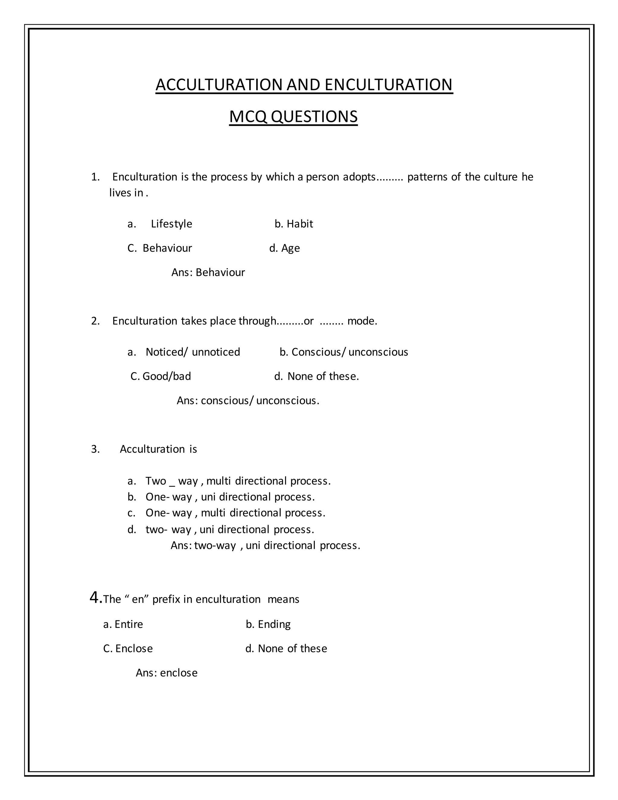 Acculturation and enculturation mcq | DOCX