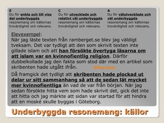 E
Du för enkla och till viss
del underbyggda
resonemang om källornas
trovärdighet och relevans.

C
Du för utvecklade och
relativt väl underbyggda
resonemang om källornas
trovärdighet och relevans.

A
Du för välutvecklade och
väl underbyggda
resonemang om källornas
trovärdighet och relevans.

Elevexempel:
När jag läste texten från ramberget.se blev jag väldigt
tveksam. Det var tydligt att den som skrivit texten inte
gillade islam och att han försökte övertyga läsarna om
att islam var en kvinnofientlig religion. Därför
dubbelkollade jag den fakta som stod där med en artikel som
skribenten hade utgått ifrån.
Eftersom:
Då framgick det tydligt att skribenten hade plockad ut
delar ur sitt sammanhang så att de sedan lät mycket
mer kvinnofientliga än vad de var från början. När jag
sedan försökte hitta vem som hade skrivit det, gick det inte
att hitta och jag märkte att sidan var startad för att hindra
att en moské skulle byggas i Göteborg.

Underbyggda resonemang: källor

 