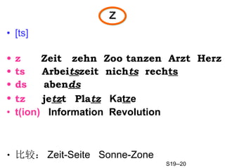 z [ts]   z   Zeit  zehn  Zoo tanzen  Arzt  Herz ts   Arbei ts zeit  nich ts   rech ts ds   aben ds tz  je tz t   Pla tz   Ka tz e t(ion)   Information  Revolution 比较： Zeit-Seite  Sonne-Zone S19--20 