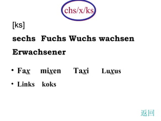 chs/x/ks [ks]   sechs  Fuchs Wuchs wachsen  Erwachsener Fa x   mi x en  Ta x i   Lu x us  Links  koks 返回 
