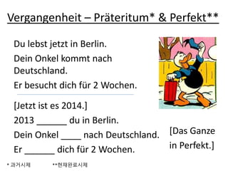 Vergangenheit – Präteritum* & Perfekt**
Du lebst jetzt in Berlin.
Dein Onkel kommt nach
Deutschland.
Er besucht dich für 2 Wochen.
* 과거시제 **현재완료시제
[Jetzt ist es 2014.]
2013 ______ du in Berlin.
Dein Onkel ____ nach Deutschland.
Er ______ dich für 2 Wochen.
[Das Ganze
in Perfekt.]
 