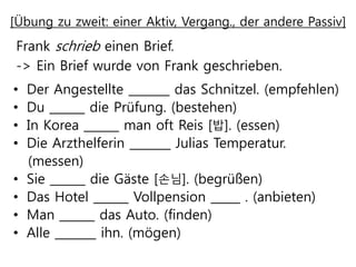[Übung zu zweit: einer Aktiv, Vergang., der andere Passiv]
• Der Angestellte _______ das Schnitzel. (empfehlen)
• Du ______ die Prüfung. (bestehen)
• In Korea ______ man oft Reis [밥]. (essen)
• Die Arzthelferin _______ Julias Temperatur.
(messen)
• Sie ______ die Gäste [손님]. (begrüßen)
• Das Hotel ______ Vollpension _____ . (anbieten)
• Man ______ das Auto. (finden)
• Alle _______ ihn. (mögen)
Frank schrieb einen Brief.
-> Ein Brief wurde von Frank geschrieben.
 