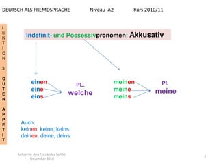 DEUTSCH ALS FREMDSPRACHE                     Niveau A2    Kurs 2010/11


L
E
K        Indefinit- und Possessivpronomen: Akkusativ
T
I
O
N

3

G
U            einen                     PL.
                                                     meinen          Pl.
T            eine                                    meine        meine
E
             eins
                                      welche         meins
N

A
P
P
E     Auch:
T     keinen, keine, keins
I     deinen, deine, deins
T


     Lehrerin, Ana Fernández Soliño
                                                                           3
             November 2010
 