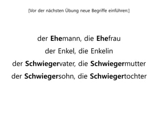 [Vor der nächsten Übung neue Begriffe einführen:]
der Ehemann, die Ehefrau
der Enkel, die Enkelin
der Schwiegervater, die Schwiegermutter
der Schwiegersohn, die Schwiegertochter
 
