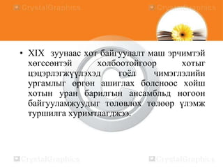 • XIX зуунаас хот байгуулалт маш эрчимтэй
хөгссөнтэй
холбоотойгоор
хотыг
цэцэрлэгжүүлэхэд
гоѐл
чимэглэлийн
ургамлыг өргөн ашиглах болсноос хойш
хотын уран барилгын ансамбльд ногоон
байгууламжуудыг төлөвлөх төлөөр үлэмж
туршилга хуримтлагджээ.

 