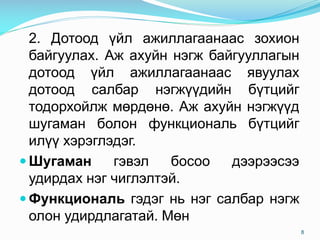 2. Дотоод үйл ажиллагаанаас зохион
байгуулах. Аж ахуйн нэгж байгууллагын
дотоод үйл ажиллагаанаас явуулах
дотоод салбар нэгжүүдийн бүтцийг
тодорхойлж мөрдөнө. Аж ахуйн нэгжүүд
шугаман болон функциональ бүтцийг
илүү хэрэглэдэг.
 Шугаман гэвэл босоо дээрээсээ
удирдах нэг чиглэлтэй.
 Функциональ гэдэг нь нэг салбар нэгж
олон удирдлагатай. Мөн
8
 