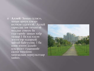  Аллей: Замын сүлжээ,
хотын ариун цэвэрт
ихээхэн үүрэгтэй. Аллей
тарихдаа зөв титемтэй
моддыг сонгох ба
тэдгээрийг замын хоёр
талаар 1 ба хэд хэдэн
эгнээгээр тодорхой
зайтай байгуулна. 1 ба
олон эгнээт аллейт
цэцэрлэгт гудамжийг
салхи тоосноос
хамгаалаах зориулалтаар
хийнэ.
 