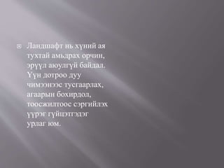  Ландшафт нь хүний ая
тухтай амьдрах орчин,
эрүүл аюулгүй байдал.
Үүн дотроо дуу
чимээнээс тусгаарлах,
агаарын бохирдол,
тоосжилтоос сэргийлэх
үүрэг гүйцэтгэдэг
урлаг юм.
 