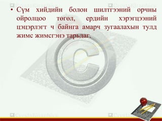 • Сүм хийдийн болон шилтгээний орчны
ойролцоо төгөл, ердийн хэрэгцээний
цэцэрлэгт ч байнга амарч зугаалахын тулд
жимс жимсгэнэ тарьдаг.
 