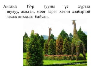 Англид
19-р
зууны
үе
хүртэл
шувуу, амьтан, мөөг зэрэг хачин хэлбэртэй
засаж янзладаг байсан.

 