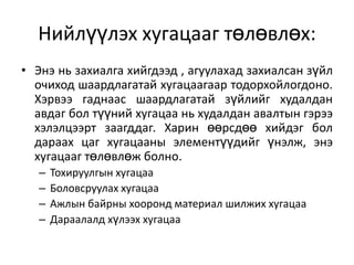 Нийлүүлэх хугацааг төлөвлөх:
• Энэ нь захиалга хийгдээд , агуулахад захиалсан зүйл
очиход шаардлагатай хугацаагаар тодорхойлогдоно.
Хэрвээ гаднаас шаардлагатай зүйлийг худалдан
авдаг бол түүний хугацаа нь худалдан авалтын гэрээ
хэлэлцээрт заагддаг. Харин өөрсдөө хийдэг бол
дараах цаг хугацааны элементүүдийг үнэлж, энэ
хугацааг төлөвлөж болно.
–
–
–
–

Тохируулгын хугацаа
Боловсруулах хугацаа
Ажлын байрны хооронд материал шилжих хугацаа
Дараалалд хүлээх хугацаа

 