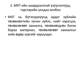 2. МХТ-ийн шаардлагатай үзүүлэлтүүд,
тэдгээрийн уялдаа холбоо
• МХТ нь бүтээгдэхүүнд ордог зүйлийн
төлөвлөлтийн хүчин зүйлс, нийт хэрэгцээ,
төлөвлөгөөт захиалга, төлөвлөгдсөн бэлэн
бараа материал, төлөвлөгөөт захиалгыг
хийх өдөр зэргийг харуулдаг.

 
