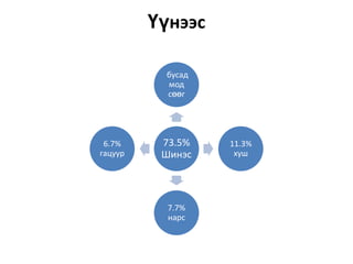 Үүнээс
бусад
мод
сөөг

6.7%
гацуур

73.5%
Шинэс

7.7%
нарс

11.3%
хуш

 