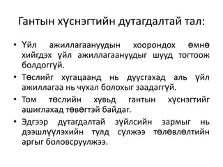 Гантын хүснэгтийн дутагдалтай тал:
• Үйл ажиллагаануудын хоорондох өмнө
хийгдэх үйл ажиллагаануудыг шууд тогтоож
болдоггүй.
• Төслийг хугацаанд нь дуусгахад аль үйл
ажиллагаа нь чухал болохыг заадаггүй.
• Том төслийн хувьд гантын хүснэгтийг
ашиглахад төвөгтэй байдаг.
• Эдгээр дутагдалтай зүйлсийн зармыг нь
дээшлүүлэхийн тулд сүлжээ төлөвлөлтийн
аргыг боловсруулжээ.

 