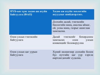 НҮБ-ын хүнс хөдөө аж ахуйн
байгуулга (ФАО)

Хөдөө аж ахуйн экологийн
асуудлыг шийдвэрлэнэ.



Дэлхийн далай, тэнгисийн
биологийн нөөц, амьтны аймаг,
ой, усны нөөц, газрыг ашиглаж
хамгаална.

Олон улсын тэнгисийн
байгуулага

Далай тэнгисийг бохирдлоос
хамгаалах
олон
улсын
конвенцийг боловсруулна

Олон улсын цаг уурын
байгуулага

Хүний нөлөөгөөр дэлхийн болон
бүс нутгийн цаг уур хэрхэн
өөрчлөгдөхийг судална.

 