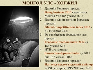 МОНГОЛ УЛС - ХӨГЖИЛ
1. Дэлхийн банкнаас гаргадаг
Doing business 2013 судалгаанд
Монгол Улс 185 улсаас 76 –д
2. Дэлхийн эдийн засгийн форумаас
гаргадаг
Global competitiveness index 2013 -
д 144 улсаас 93-д
3. Өв сан (heritage foundation) -аас
гаргадаг
Economic freedom index 2012 -д
184 улсаас 82-д
4. НҮБ-ээс гаргадаг
human development index -д 2011
онд 187 улсаас 110-д
5. Дэлхийн банкнаас гаргадаг
Нэг хүнд ногдох үндэсний нийт орл
(GNI per capita, PPP) 2011 онд 162
 