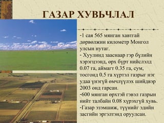 ГАЗАР ХУВЬЧЛАЛ
-1 сая 565 мянган хавтгай
дөрвөлжин километр Монгол
улсын нутаг.
- Xуулинд зааснаар гэр бүлийн
хэрэгцээнд, өрх бүрт нийслэлд
0.07 га, аймагт 0.35 га, сум,
тосгонд 0.5 га хүртэл газрыг нэг
удаа үнэгүй өмчлүүлэх шийдвэр
2003 онд гарсан.
-600 мянган өрхтэй гэвэл газрын
нийт талбайн 0.08 хүрэхгүй хувь.
-Газар эзэмшиж, түүнийг эдийн
засгийн эргэлтэнд оруулсан.
 