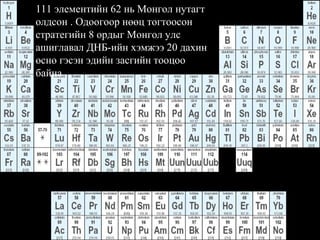 111 элементийн 62 нь Монгол нутагт
олдсон . Одоогоор нөөц тогтоосон
стратегийн 8 ордыг Монгол улс
ашиглавал ДНБ-ийн хэмжээ 20 дахин
өснө гэсэн эдийн засгийн тооцоо
байна
 