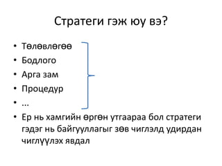 Стратеги гэж юу вэ?
•
•
•
•
•
•

Төлөвлөгөө
Бодлого
Арга зам
Процедур
...
Ер нь хамгийн өргөн утгаараа бол стратеги
гэдэг нь байгууллагыг зөв чиглэлд удирдан
чиглүүлэх явдал

 