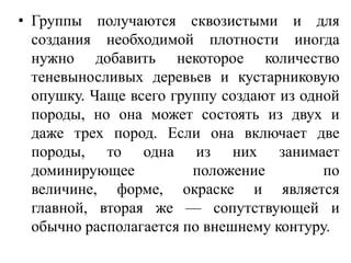 • Группы получаются сквозистыми и для
создания необходимой плотности иногда
нужно добавить некоторое количество
теневыносливых деревьев и кустарниковую
опушку. Чаще всего группу создают из одной
породы, но она может состоять из двух и
даже трех пород. Если она включает две
породы, то одна из них занимает
доминирующее
положение
по
величине, форме, окраске и является
главной, вторая же — сопутствующей и
обычно располагается по внешнему контуру.

 
