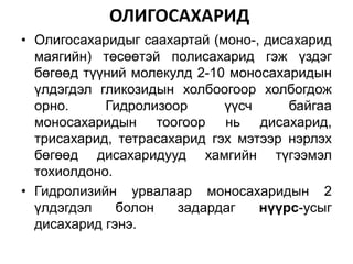 ОЛИГОСАХАРИД
• Олигосахаридыг саахартай (моно-, дисахарид
маягийн) төсөөтэй полисахарид гэж үздэг
бөгөөд түүний молекулд 2-10 моносахаридын
үлдэгдэл гликозидын холбоогоор холбогдож
орно. Гидролизоор үүсч байгаа
моносахаридын тоогоор нь дисахарид,
трисахарид, тетрасахарид гэх мэтээр нэрлэх
бөгөөд дисахаридууд хамгийн түгээмэл
тохиолдоно.
• Гидролизийн урвалаар моносахаридын 2
үлдэгдэл болон задардаг нүүрс-усыг
дисахарид гэнэ.
 