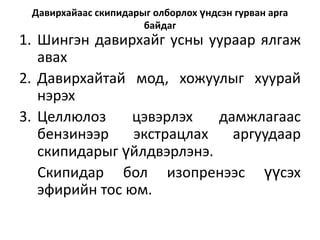 Давирхайаас скипидарыг олборлох үндсэн гурван арга
байдаг

1. Шингэн давирхайг усны уураар ялгаж
авах
2. Давирхайтай мод, хожуулыг хуурай
нэрэх
3. Целлюлоз
цэвэрлэх
дамжлагаас
бензинээр
экстрацлах
аргуудаар
скипидарыг үйлдвэрлэнэ.
Скипидар бол изопренээс үүсэх
эфирийн тос юм.

 