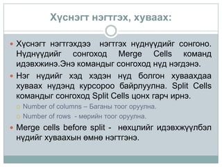Хүснэгт нэгтгэх, хуваах:

 Хүснэгт нэгтгэхдээ нэгтгэх нүднүүдийг сонгоно.
  Нүднүүдийг сонгоход Merge Cells команд
  идэвхжинэ.Энэ командыг сонгоход нүд нэгдэнэ.
 Нэг нүдийг хэд хэдэн нүд болгон хуваахдаа
  хуваах нүдэнд курсороо байрлуулна. Split Cells
  командыг сонгоход Split Cells цонх гарч ирнэ.
    Number of columns – Баганы тоог оруулна.
    Number of rows - мөрийн тоог оруулна.
 Merge cells before split - нөхцлийг идэвхжүүлбэл
 нүдийг хуваахын өмнө нэгтгэнэ.
 