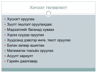 Хичээл төлөвлөлт

 Хүснэгт оруулах
 Зүүлт /ишлэл/ оруулахдаа:
 Мэдээллийг баганад хуваах
 Хүрээ сүүдэр оруулах
 Хуудсанд дэвсгэр өнгө, текст оруулах
 Бэлэн загвар ашиглах
 Математик томъёо оруулах
 Асуулт хариулт
 Гэрийн даалгавар
 