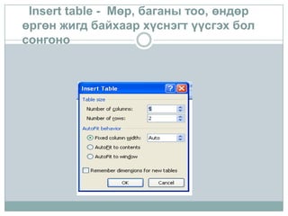 Insert table - Мөр, баганы тоо, өндөр
өргөн жигд байхаар хүснэгт үүсгэх бол
сонгоно
 
