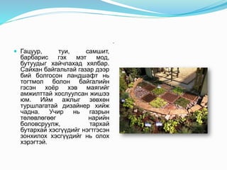 -
 Гацуур, туи, самшит,
барбарис гэх мэт мод,
бутуудыг хайчлахад хялбар.
Сайхан байгальтай газар дээр
бий болгосон ландшафт нь
тогтмол болон байгалийн
гэсэн хоёр хэв маягийг
амжилттай хослуулсан жишээ
юм. Ийм ажлыг зөвхөн
туршлагатай дизайнер хийж
чадна. Учир нь газрын
төлөвлөгөөг нарийн
боловсруулж, тархай
бутархай хэсгүүдийг нэгтгэсэн
зонхилох хэсгүүдийг нь олох
хэрэгтэй.
 