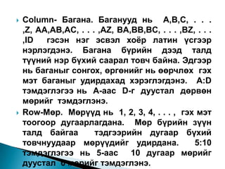    Column- Багана. Баганууд нь A,B,C, . . .
    ,Z, AA,AB,AC, . . . ,AZ, BA,BB,BC, . . . ,BZ, . . .
    ,ID   гэсэн нэг эсвэл хоѐр латин үсгээр
    нэрлэгдэнэ. Багана бүрийн дээд талд
    түүний нэр бүхий саарал товч байна. Эдгээр
    нь баганыг сонгох, өргөнийг нь өөрчлөх гэх
    мэт баганыг удирдахад хэрэглэгдэнэ. A:D
    тэмдэглэгээ нь А-аас D-г дуустал дөрвөн
    мөрийг тэмдэглэнэ.
   Row-Мөр. Мөрүүд нь 1, 2, 3, 4, . . . , гэх мэт
    тоогоор дугаарлагдана. Мөр бүрийн зүүн
    талд байгаа        тэдгээрийн дугаар бүхий
    товчнуудаар мөрүүдийг удирдана.              5:10
    тэмдэглэгээ нь 5-аас        10 дугаар мөрийг
    дуустал 6 мөрийг тэмдэглэнэ.
 