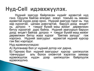 Нүдний заагуур байрласан нүдийг идэвхтэй нүд
гэнэ. Оруулж байгаа өгөгдөл эсвэл томъѐо нь зөвхөн
идэвхтэй нүдэн дээр орно. Нүдний заагуур гэдэг нь тод
хар хүрээтэй, цагаан дэвсгэртэй, баруун доод өнцөгт
нь дотроо + тэмдэг бүхий маш жижиг дөрвөлжин
битүү хүрээтэй дүрс байна. Нүдний заагуурын баруун
доод өнцөгт байгаа дотроо + тэмдэг бүхий маш жижиг
дөрвөлжин битүү жааз хүрээг “Бөглөх залуур” гэж
нэрлэнэ. Нүдний заагуурыг идэвхтэй нүдний курсор
гэж бас нэрлэдэг.
Нүд идэвхжүүлэхдээ:
A) Хулганаар бол уг нүдний дотор нэг дарна.
Б) Гарнаас бол нүдний заагуурыг курсор шилжүүлэх
товчнуудыг    аль болох оновчтой хэрэглэх замаар
идэвхжүүлэх нүдэн дээр шилжүүлэн байрлуулж
идэвхжүүлнэ.
 
