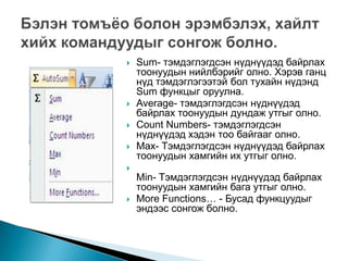    Sum- тэмдэглэгдсэн нүднүүдэд байрлах
    тоонуудын нийлбэрийг олно. Хэрэв ганц
    нүд тэмдэглэгээтэй бол тухайн нүдэнд
    Sum функцыг оруулна.
   Average- тэмдэглэгдсэн нүднүүдэд
    байрлах тоонуудын дундаж утгыг олно.
   Count Numbers- тэмдэглэгдсэн
    нүднүүдэд хэдэн тоо байгааг олно.
   Max- Тэмдэглэгдсэн нүднүүдэд байрлах
    тоонуудын хамгийн их утгыг олно.

    Min- Тэмдэглэгдсэн нүднүүдэд байрлах
    тоонуудын хамгийн бага утгыг олно.
   More Functions… - Бусад функцуудыг
    эндээс сонгож болно.
 