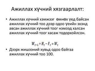 Ажиллах хүчний хязгаарлалт:
• Ажиллах хүчний хэмжээг өмнөх үед байсан
ажиллах хүчний тоо дээр одоо үеийн эхэнд
авсан ажиллах хүчний тоог нэмээд халсан
ажиллах хүчний тоог хасаж тодорхойлсон.

• Дээрх жишээний хувьд одоо байгаа
ажиллах хүчний тоо 100.

 