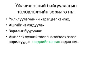 Үйлчилгээний байгууллагын
төлөвлөлтийн зорилго нь:
•
•
•
•

Үйлчлүүлэгчдийн хэрэгцээг хангах,
Ашгийг нэмэгдүүлэх
Зардлыг бууруулах
Ажиллах хүчний тоог зөв тогтоох зэрэг
зорилгуудын нэгдлийг хангах явдал юм.

 