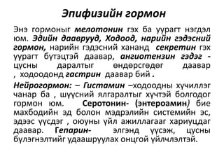 Эпифизийн гормон
Энэ гормоныг мелотонин гэх ба уурагт нэгдэл
юм. Эдийн дааврууд, Ходоод, нарийн гэдэсний
гормон, нарийн гэдэсний хананд секретин гэх
уурагт бүтэцтэй даавар, ангиотензин гэдэг -
цусны даралтыг өндөрсгөдөг даавар
, ходоодонд гастрин даавар бий .
Нейрогормон: – Гистамин –ходоодны хүчиллэг
чанар ба , шүүсний ялгаралтыг хүчтэй болгодог
гормон юм. Серотонин- (энтероамин) бие
махбодийн эд болон мэдрэлийн системийн эс,
эдээс үүсдэг , оюуны үйл ажиллагааг хариуцдаг
даавар. Гепарин- элгэнд үүсэж, цусны
бүлэгнэлтийг удаашруулах онцгой үйлчлэлтэй.
 