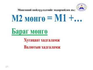 Мөнгөний нийлүүлэлтийг тодорхойлох нь:
17
 