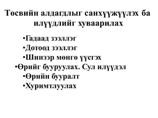 Төсвийн алдагдлыг санхүүжүүлэх
илүүдлийг хуваарилах
•Гадаад зээллэг
•Дотоод зээллэг
•Шинээр мөнгө үүсгэх
•Өрийг бууруулах. Сул илүүдэл
•Өрийн бууралт
•Хуримтлуулах
ба
 